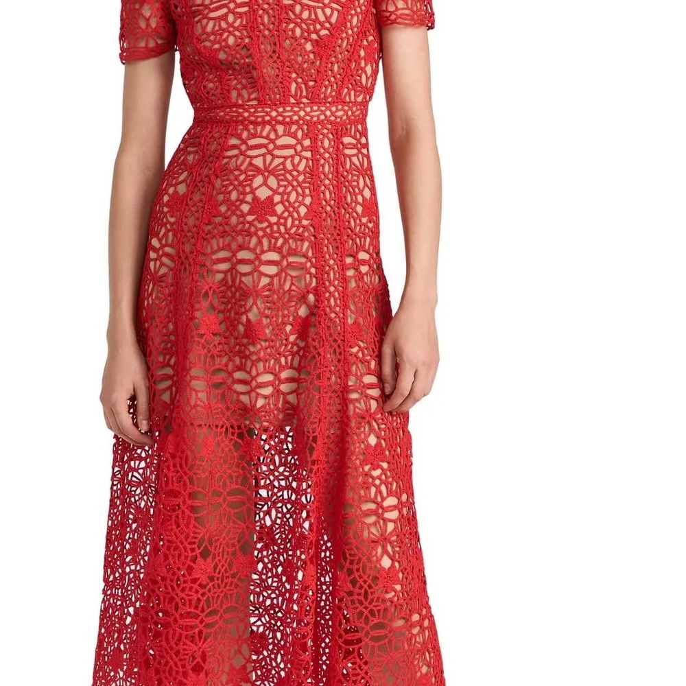 Self-Portrait Guipure Lace Round-Neck Midi Dress